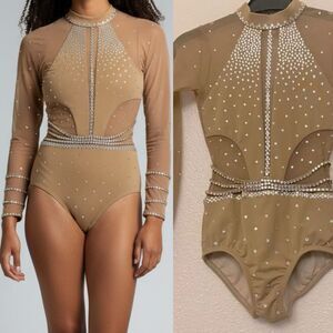 LA dance solo custom tan nude beige long leotard costume mesh rhinestones LC